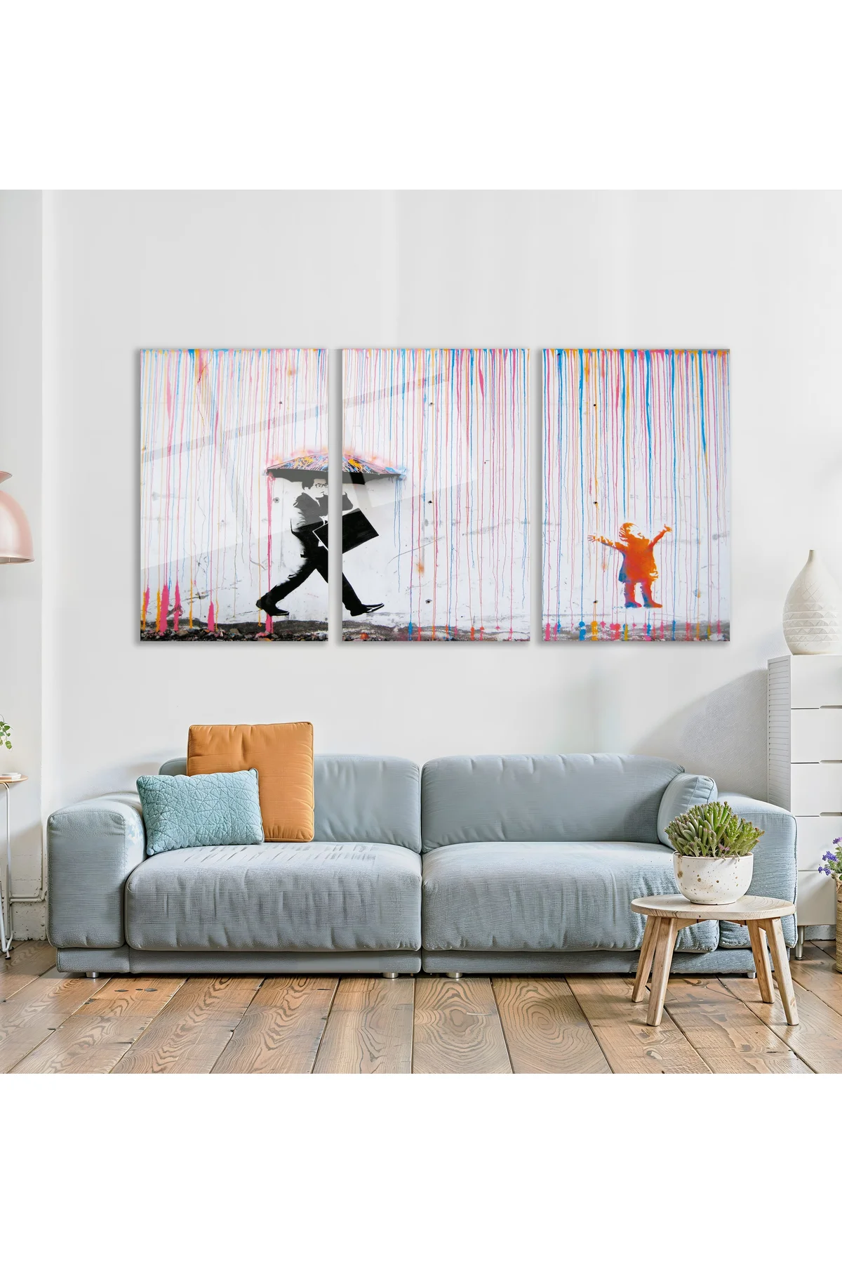 3'lü Set Cam Tablo Banksy Renkli Yağmur Sokak Sanatı Modern Dekorasyon - Babolat Görsel 2