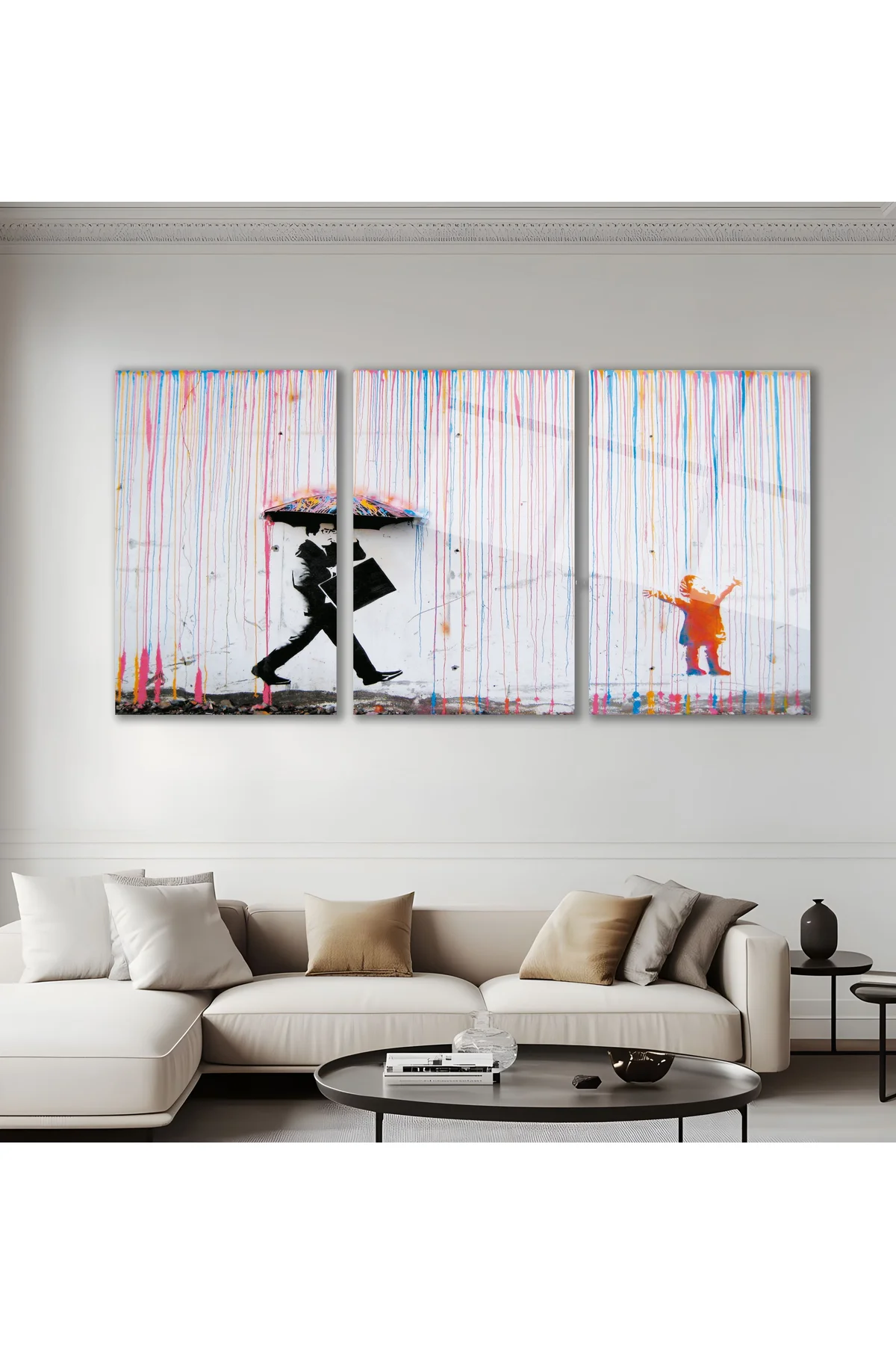 3'lü Set Cam Tablo Banksy Renkli Yağmur Sokak Sanatı Modern Dekorasyon