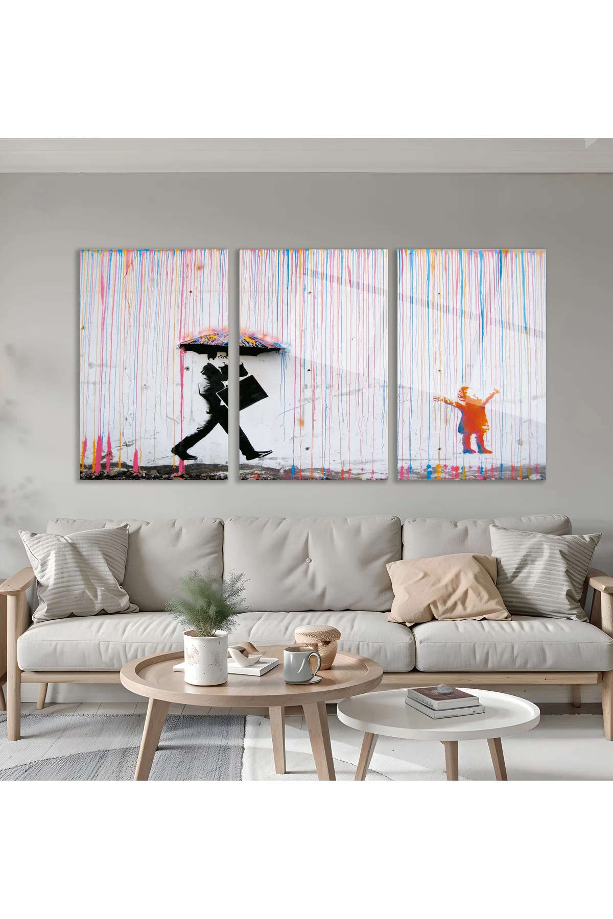 3'lü Set Cam Tablo Banksy Renkli Yağmur Sokak Sanatı Modern Dekorasyon - Babolat Görsel 4