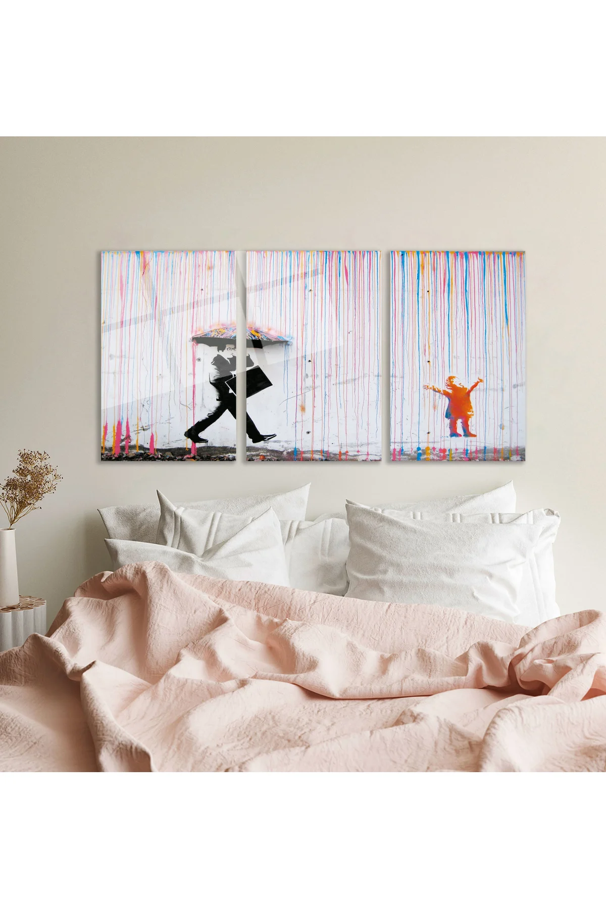 3'lü Set Cam Tablo Banksy Renkli Yağmur Sokak Sanatı Modern Dekorasyon - Babolat Görsel 3