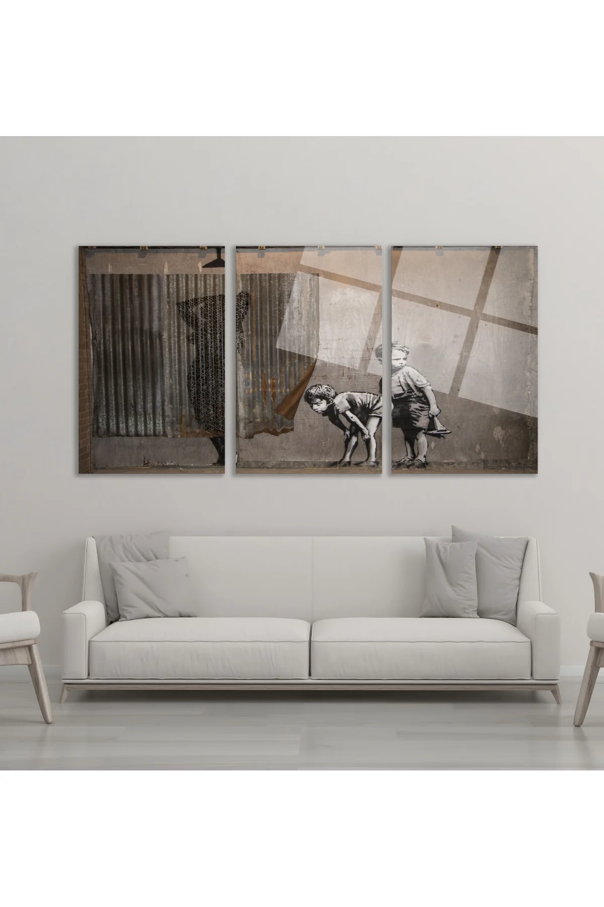 3'lü Set Cam Tablo Banksy Çocuklar Retro Street Art Vintage Dekorasyon