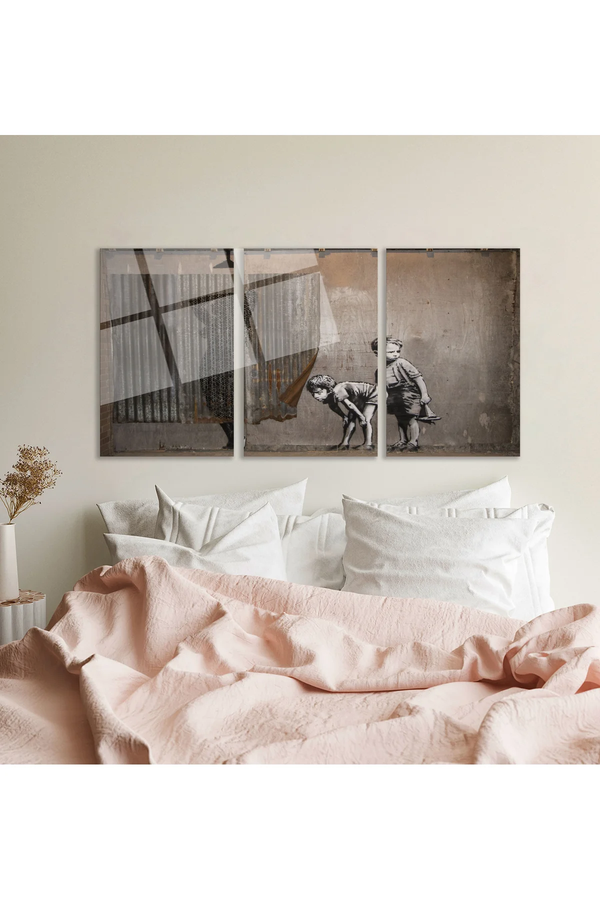 3'lü Set Cam Tablo Banksy Çocuklar Retro Street Art Vintage Dekorasyon - Babolat Görsel 4