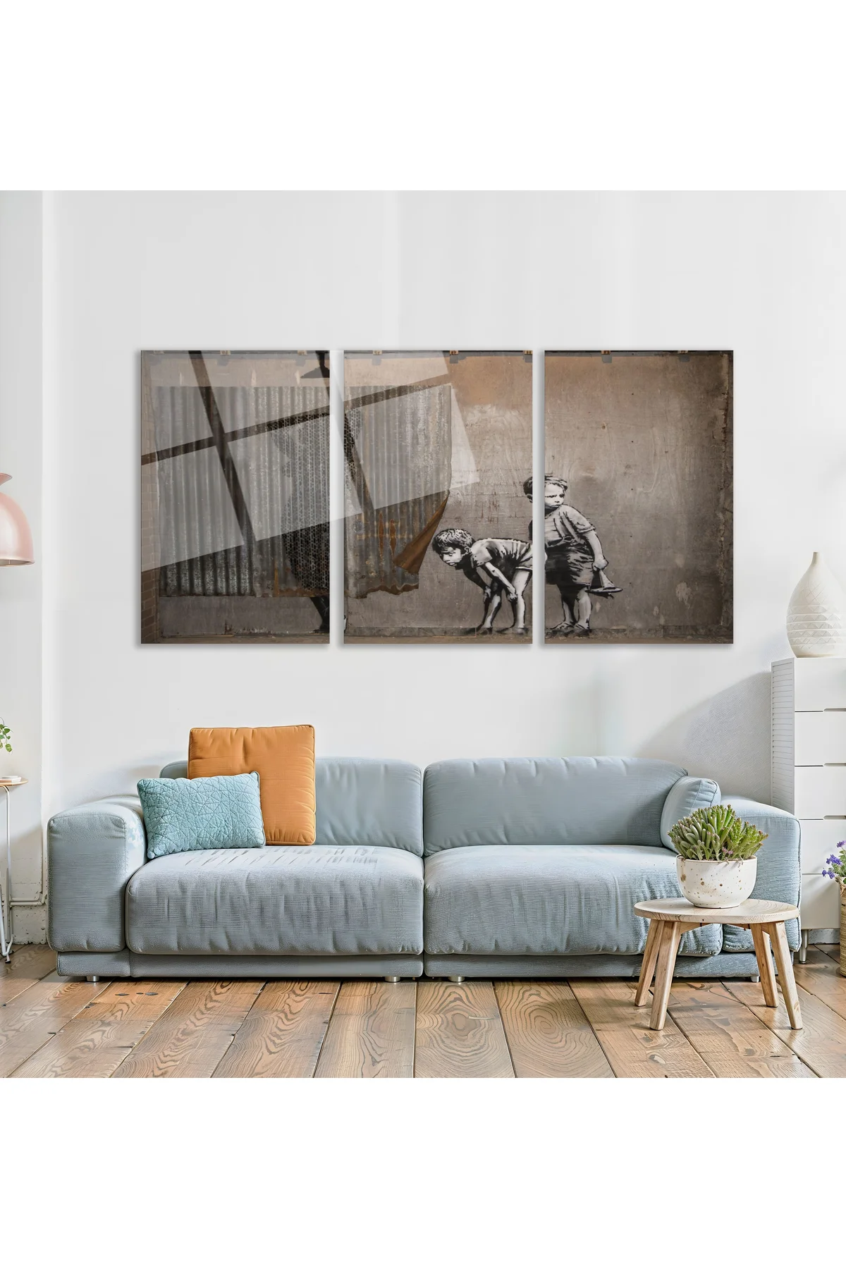 3'lü Set Cam Tablo Banksy Çocuklar Retro Street Art Vintage Dekorasyon - Babolat Görsel 3