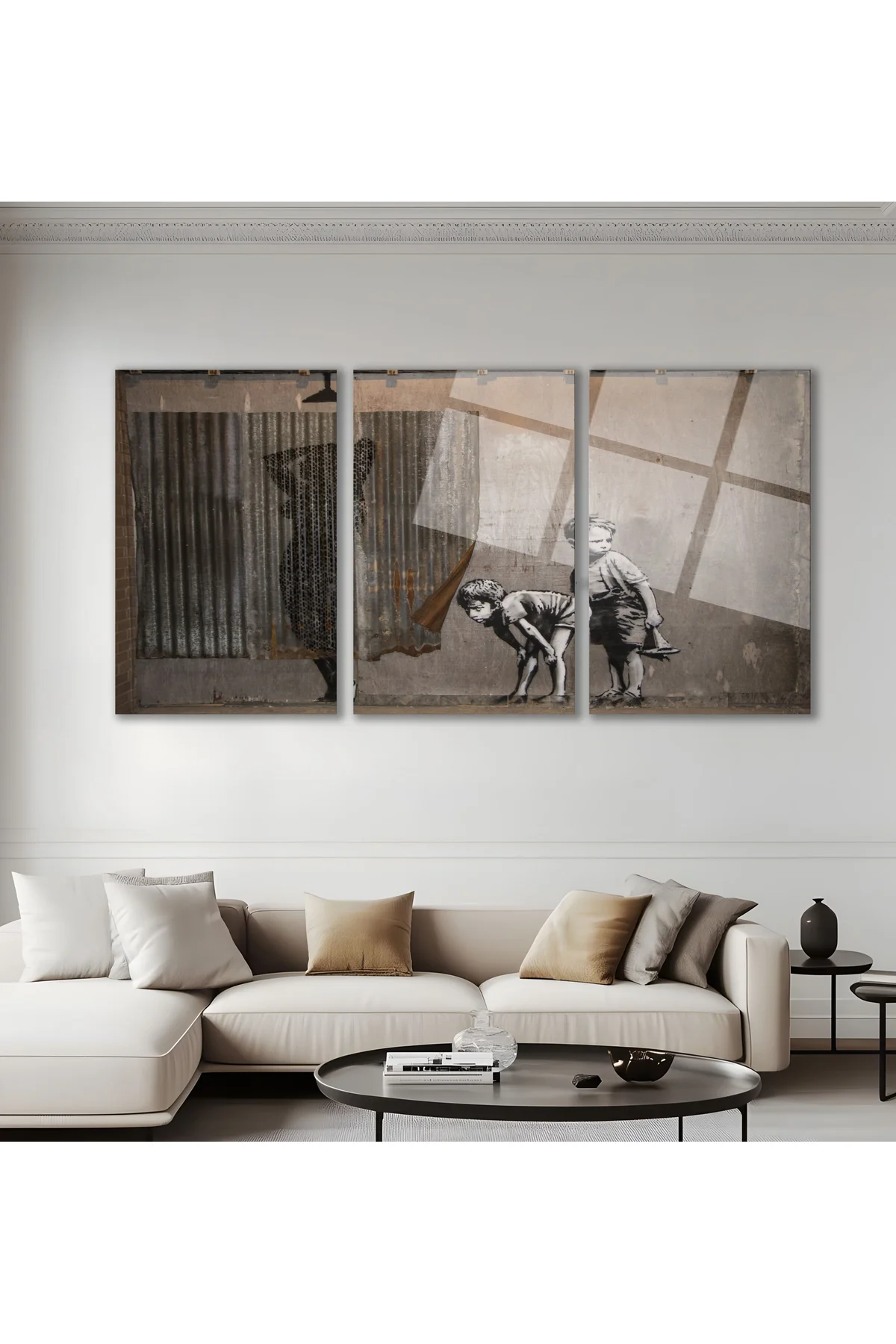 3'lü Set Cam Tablo Banksy Çocuklar Retro Street Art Vintage Dekorasyon - Babolat Görsel 2