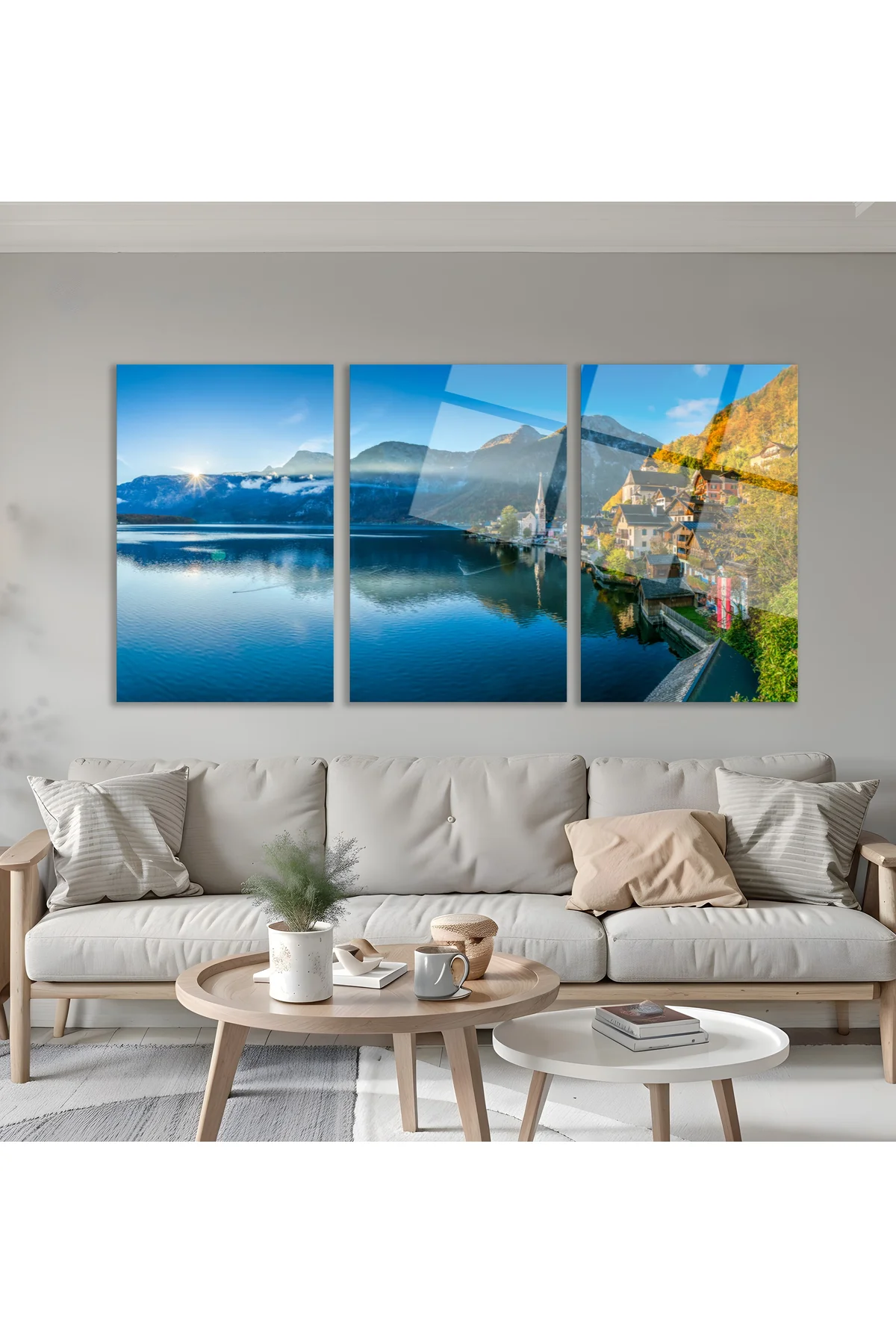 3'lü Set Cam Tablo Hallstatt Köyü Avusturya Göl Manzarası Dekorasyon