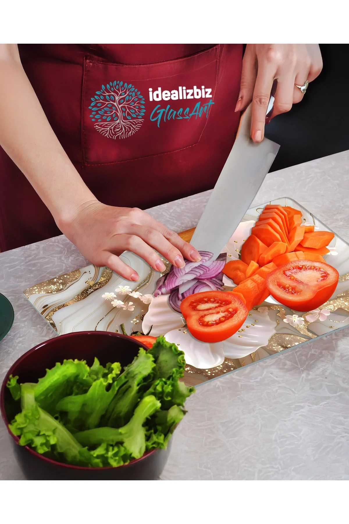 Cam Kesme Tablası Pembe Çiçekler , Doğrama Tahtası , Sunum Tablası