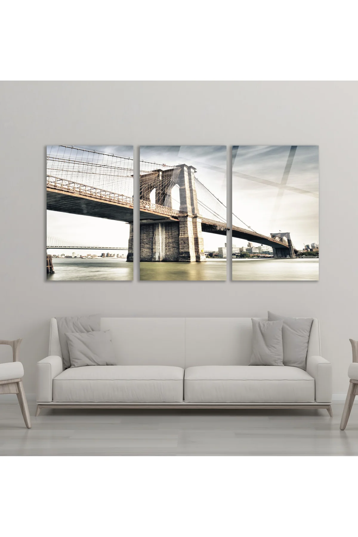3'lü Set Cam Tablo Brooklyn Köprüsü Alttan Görünüm New York Dekorasyon