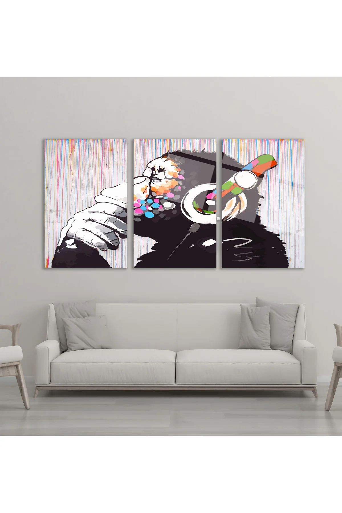 3'lü Set Cam Tablo Kulaklıklı Goril Banksy Pop Art Dekorasyon - BAYÇAĞRI Görsel 4