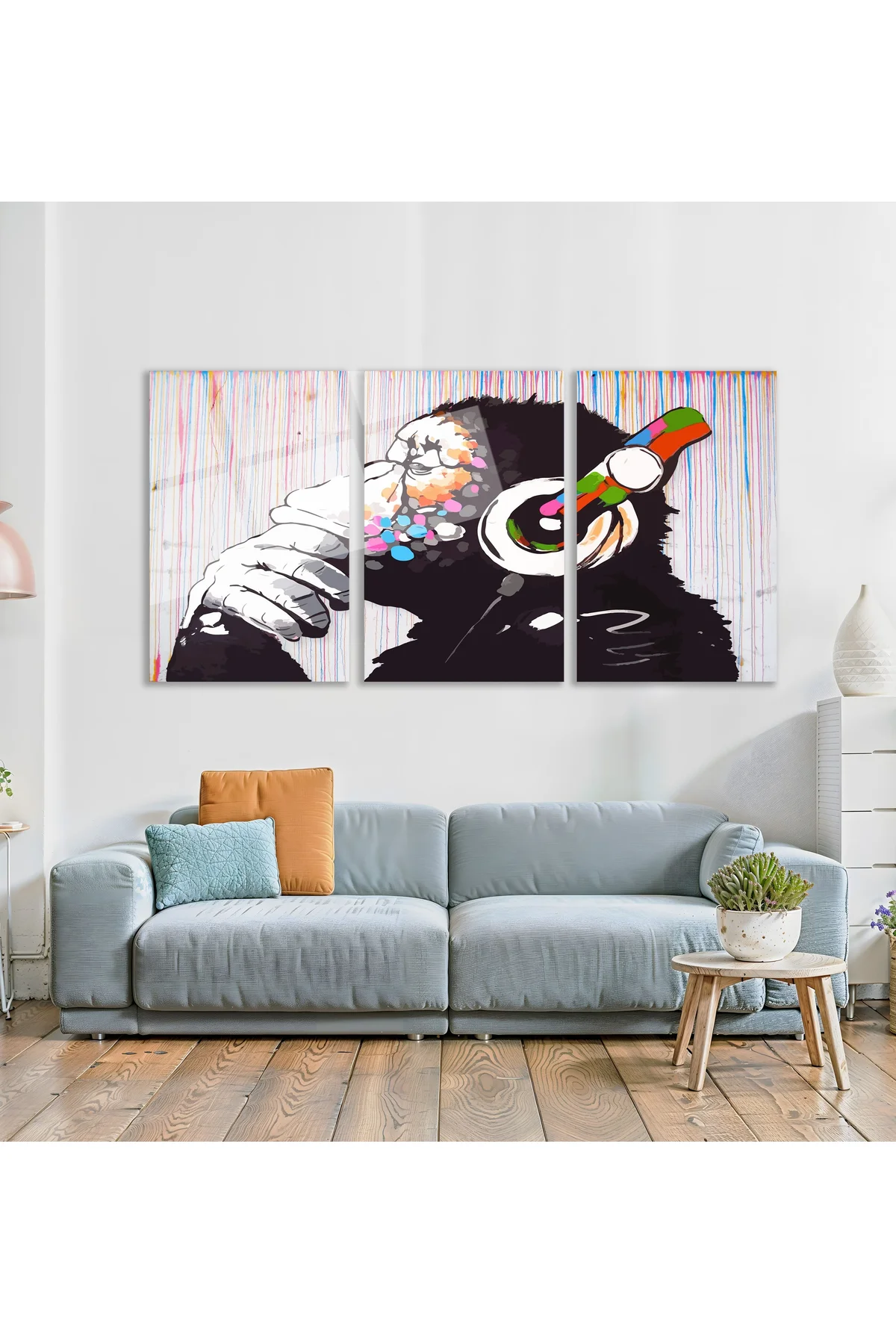 3'lü Set Cam Tablo Kulaklıklı Goril Banksy Pop Art Dekorasyon