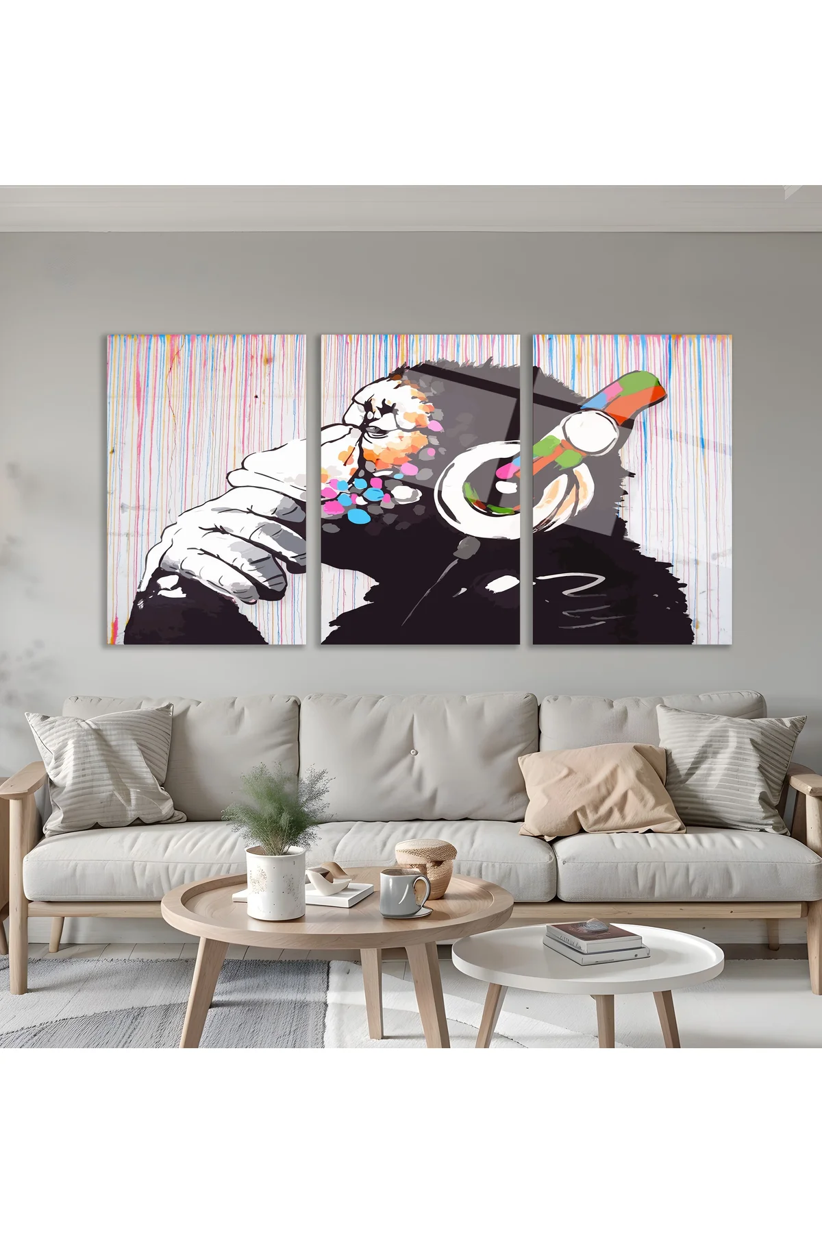 3'lü Set Cam Tablo Kulaklıklı Goril Banksy Pop Art Dekorasyon - BAYÇAĞRI Görsel 3