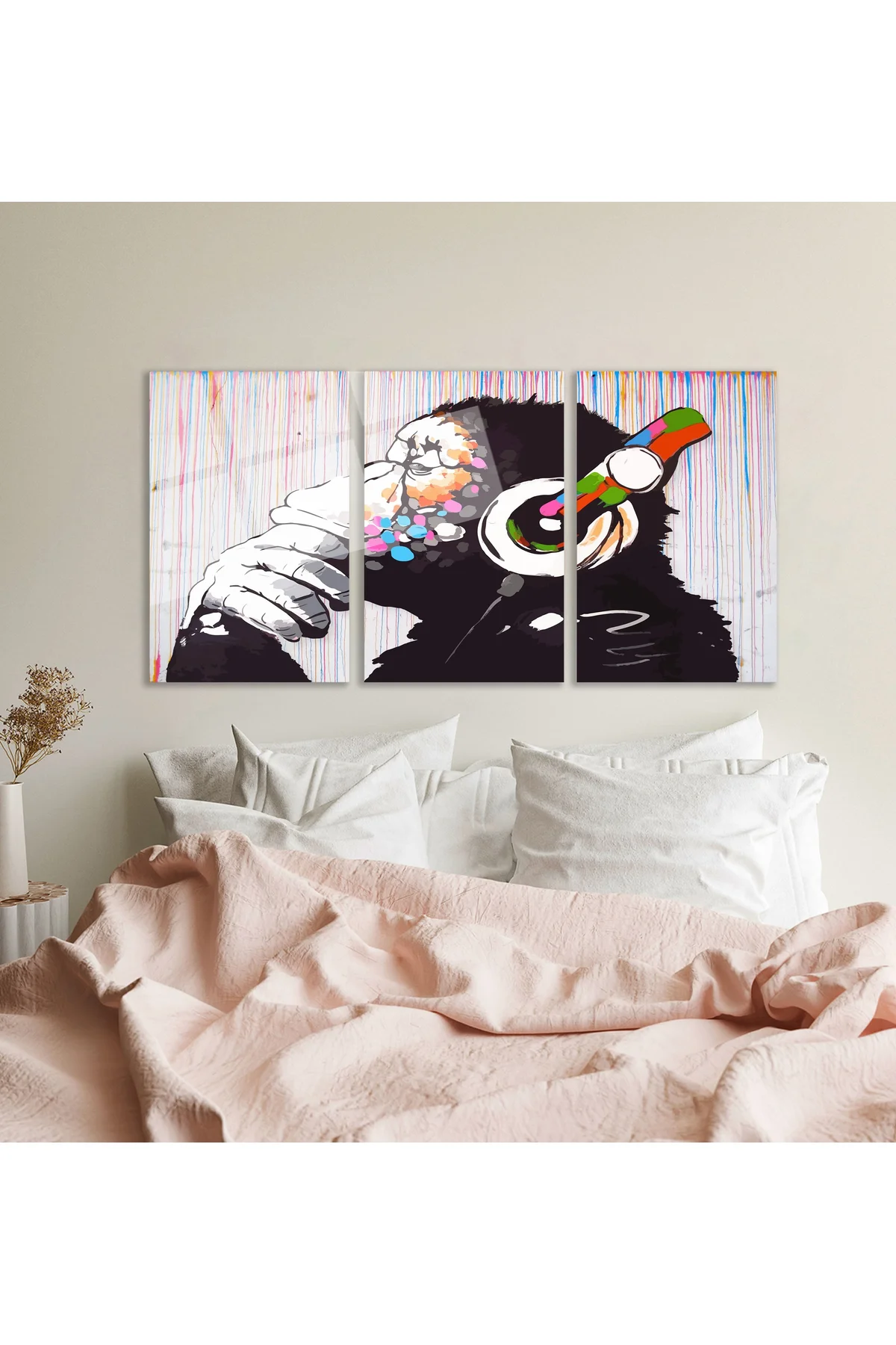 3'lü Set Cam Tablo Kulaklıklı Goril Banksy Pop Art Dekorasyon - BAYÇAĞRI Görsel 2