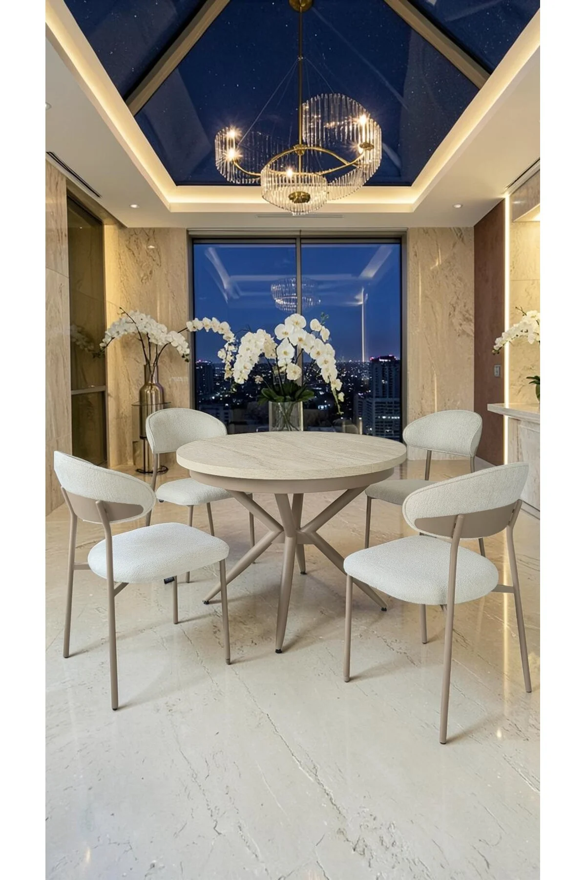 Adore Serisi Açılabilir Yemek Masası Takımı 100x100 → 135x100 cm | 1. Sınıf MDF Lak Panel | Metal Ay