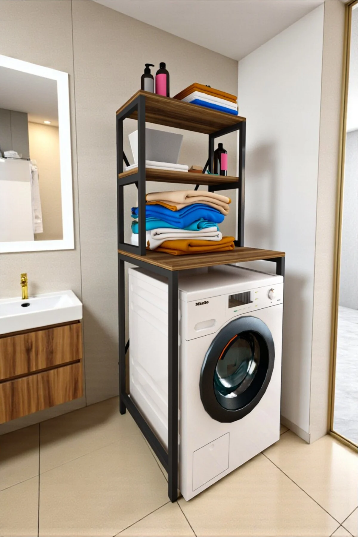 Royal Walnut Çamaşır Makinesi Üstü Düzenleyici Raf – Siyah Ayaklı - fursimo Görsel 3