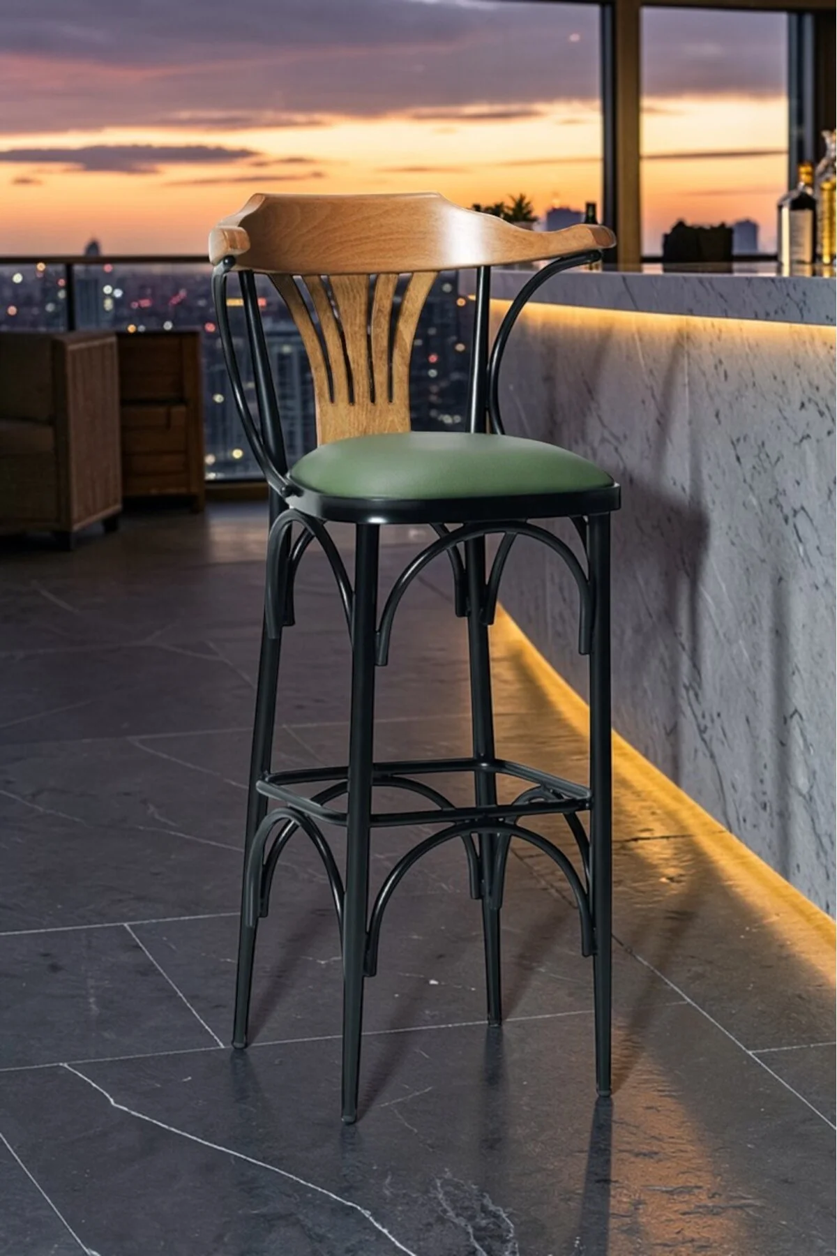 PEAKY 1 Adet 65 Cm Yeşil Ada Mutfak Bar Sandalyesi Suni Deri Siyah Metal Ayaklı - fursimo Görsel 3