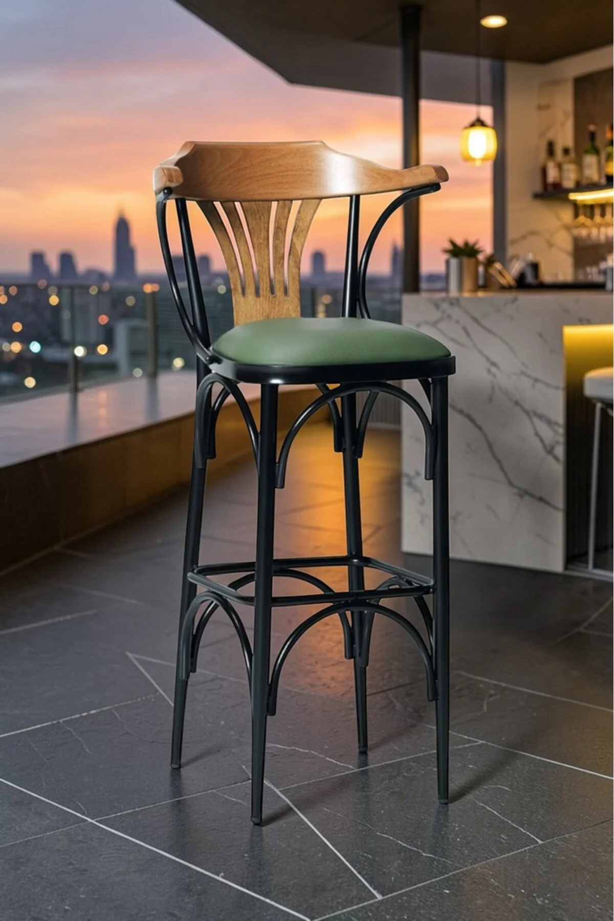 PEAKY 1 Adet 65 Cm Yeşil Ada Mutfak Bar Sandalyesi Suni Deri Siyah Metal Ayaklı - fursimo Görsel 2