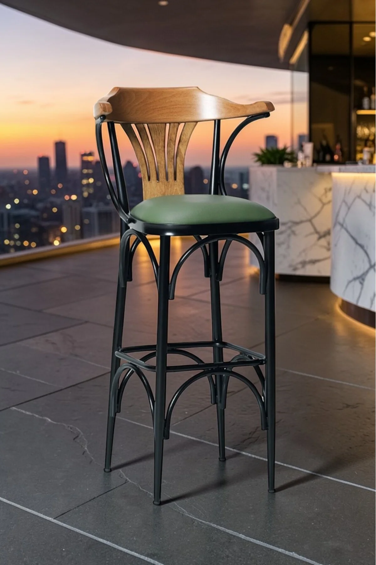 PEAKY 1 Adet 65 Cm Yeşil Ada Mutfak Bar Sandalyesi Suni Deri Siyah Metal Ayaklı - fursimo Görsel 4