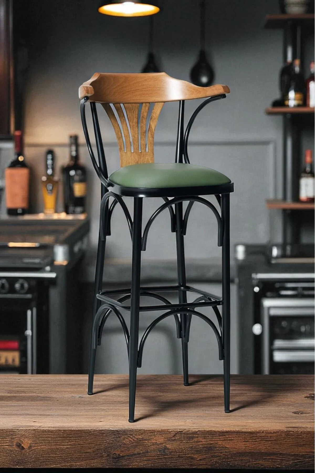 PEAKY 1 Adet 65 Cm Yeşil Ada Mutfak Bar Sandalyesi Suni Deri Siyah Metal Ayaklı - fursimo Görsel 6