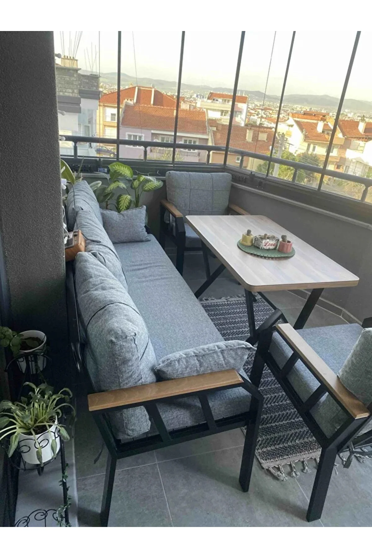 Arel Elite 3+1+1 Gri Balkon &amp; Bahçe Oturma Grubu – Metal Gövde, Ahşap Kollu, Minderli Masa Takım - fursimo Görsel 7