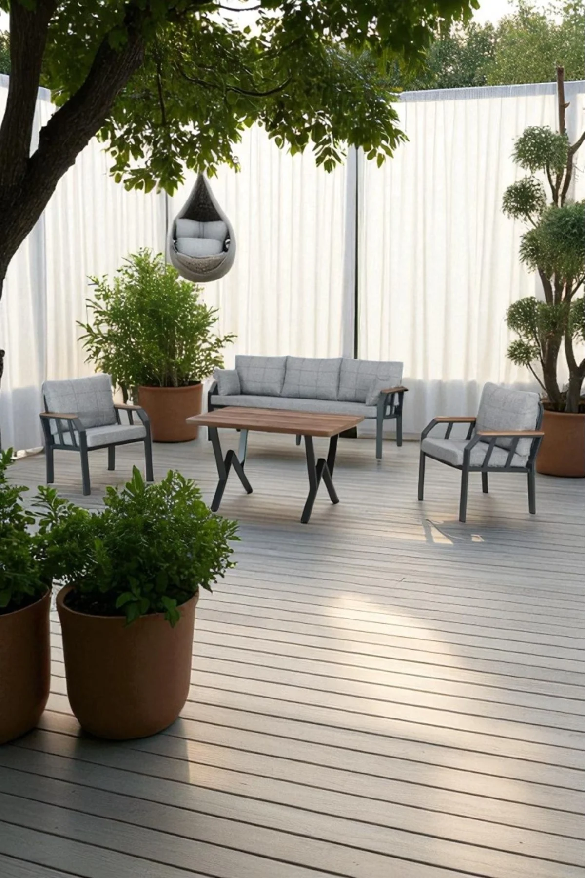 Arel Elite 3+1+1 Gri Balkon &amp; Bahçe Oturma Grubu – Metal Gövde, Ahşap Kollu, Minderli Masa Takım - fursimo Görsel 2