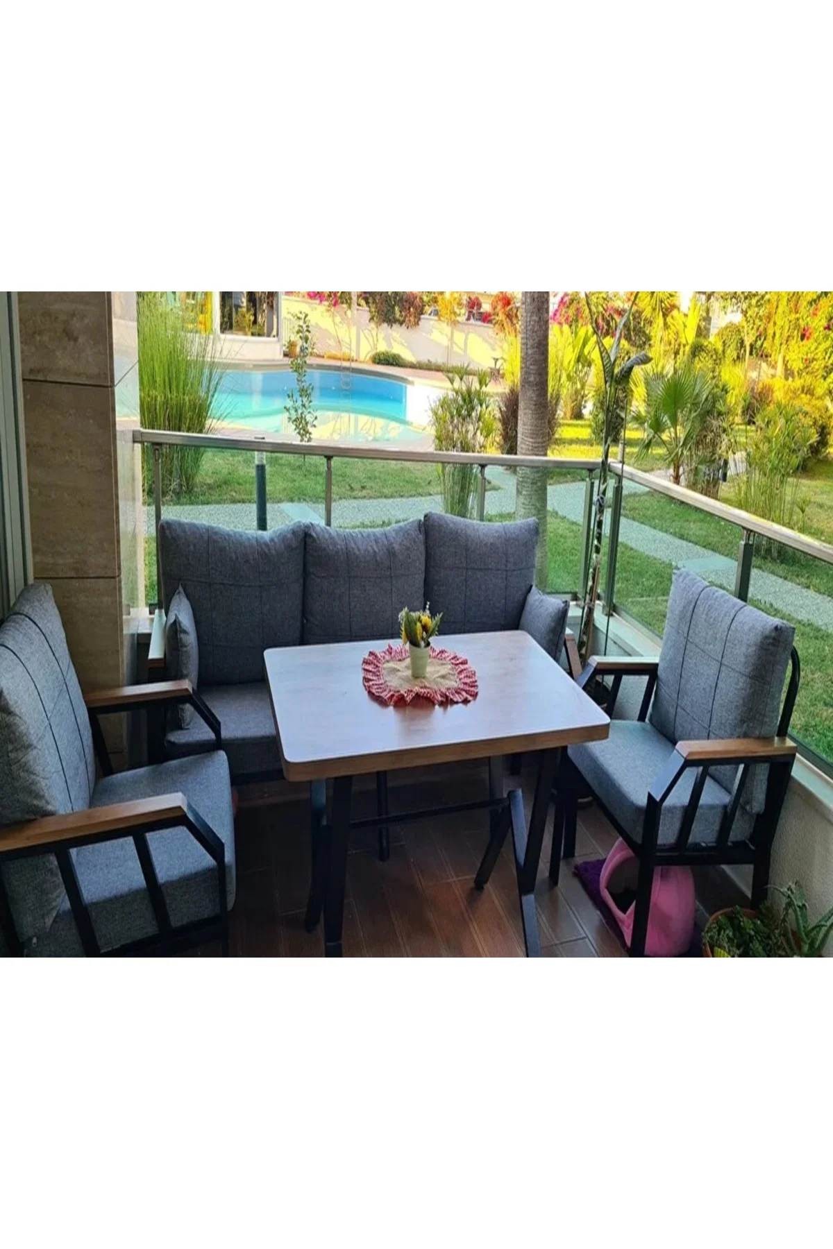Arel Elite 3+1+1 Gri Balkon &amp; Bahçe Oturma Grubu – Metal Gövde, Ahşap Kollu, Minderli Masa Takım - fursimo Görsel 3