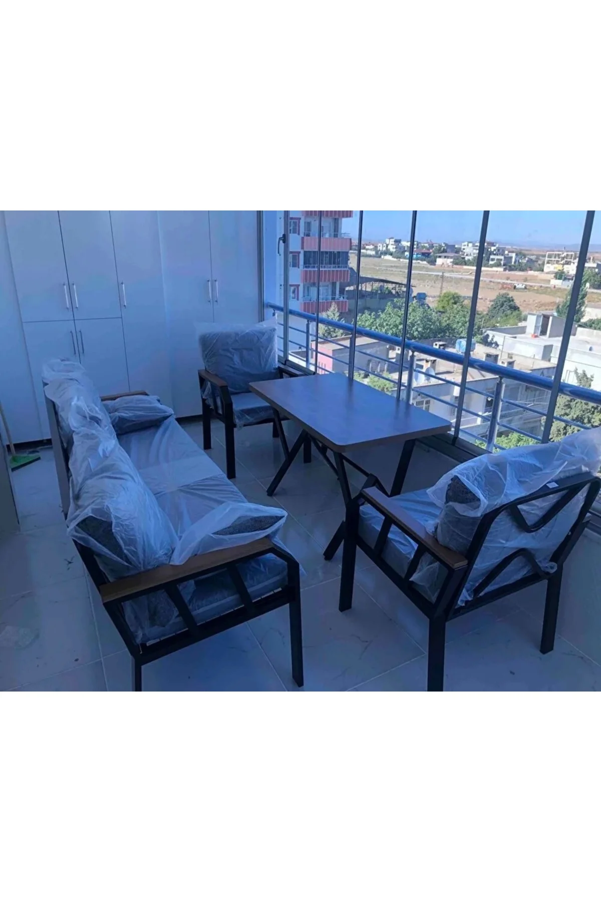 Arel Elite 3+1+1 Gri Balkon &amp; Bahçe Oturma Grubu – Metal Gövde, Ahşap Kollu, Minderli Masa Takım - fursimo Görsel 8