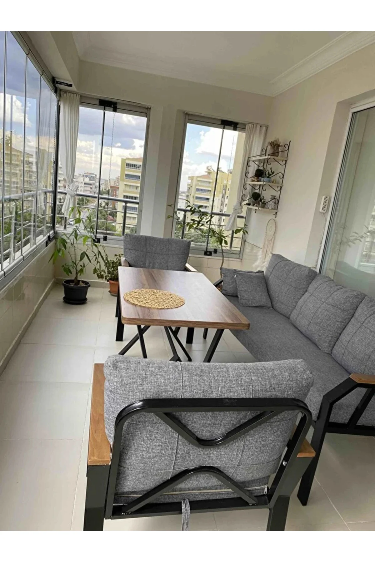 Arel Elite 3+1+1 Gri Balkon &amp; Bahçe Oturma Grubu – Metal Gövde, Ahşap Kollu, Minderli Masa Takım - fursimo Görsel 5