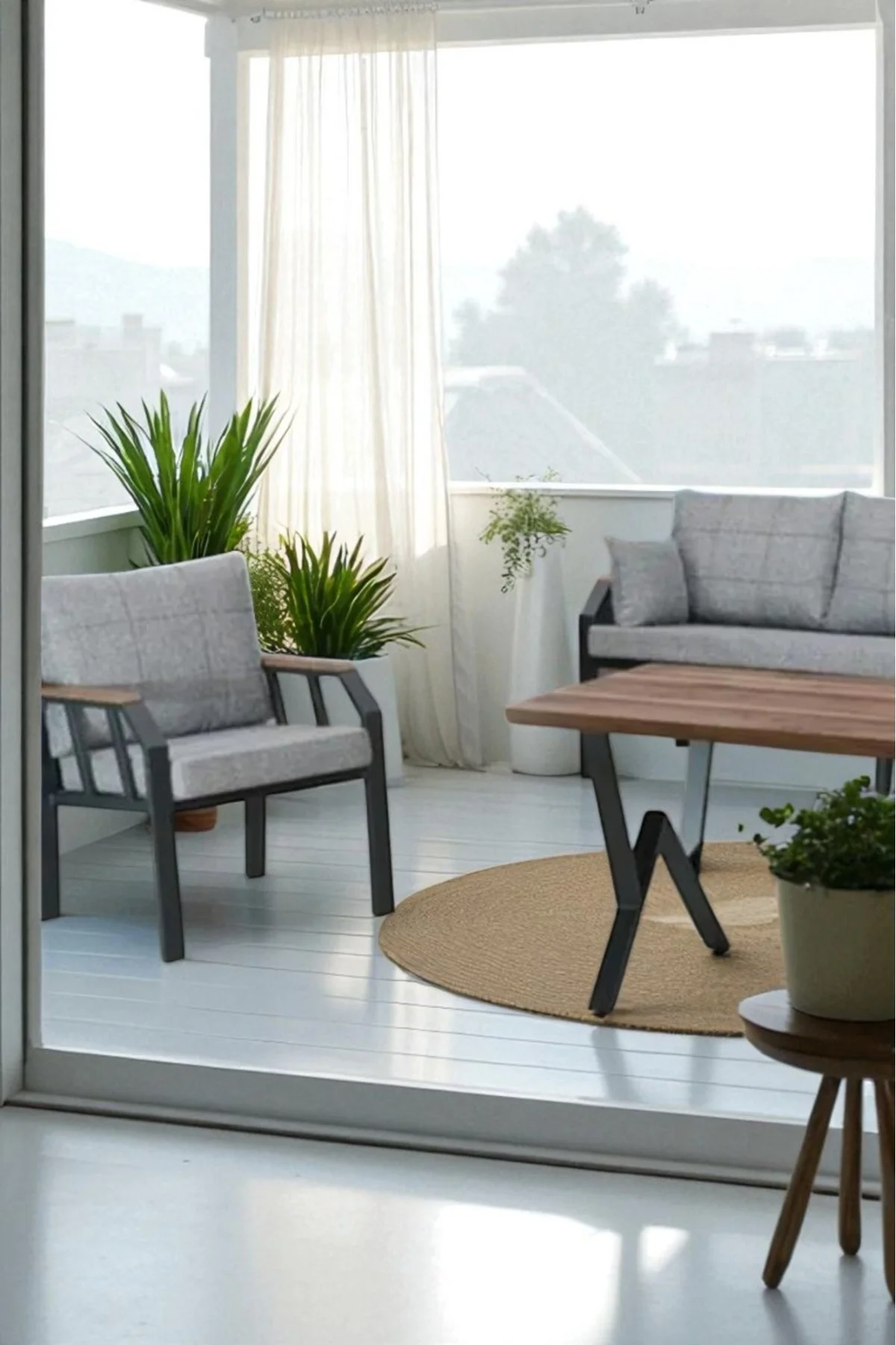 Arel Elite 3+1+1 Gri Balkon &amp; Bahçe Oturma Grubu – Metal Gövde, Ahşap Kollu, Minderli Masa Takım - fursimo Görsel 4