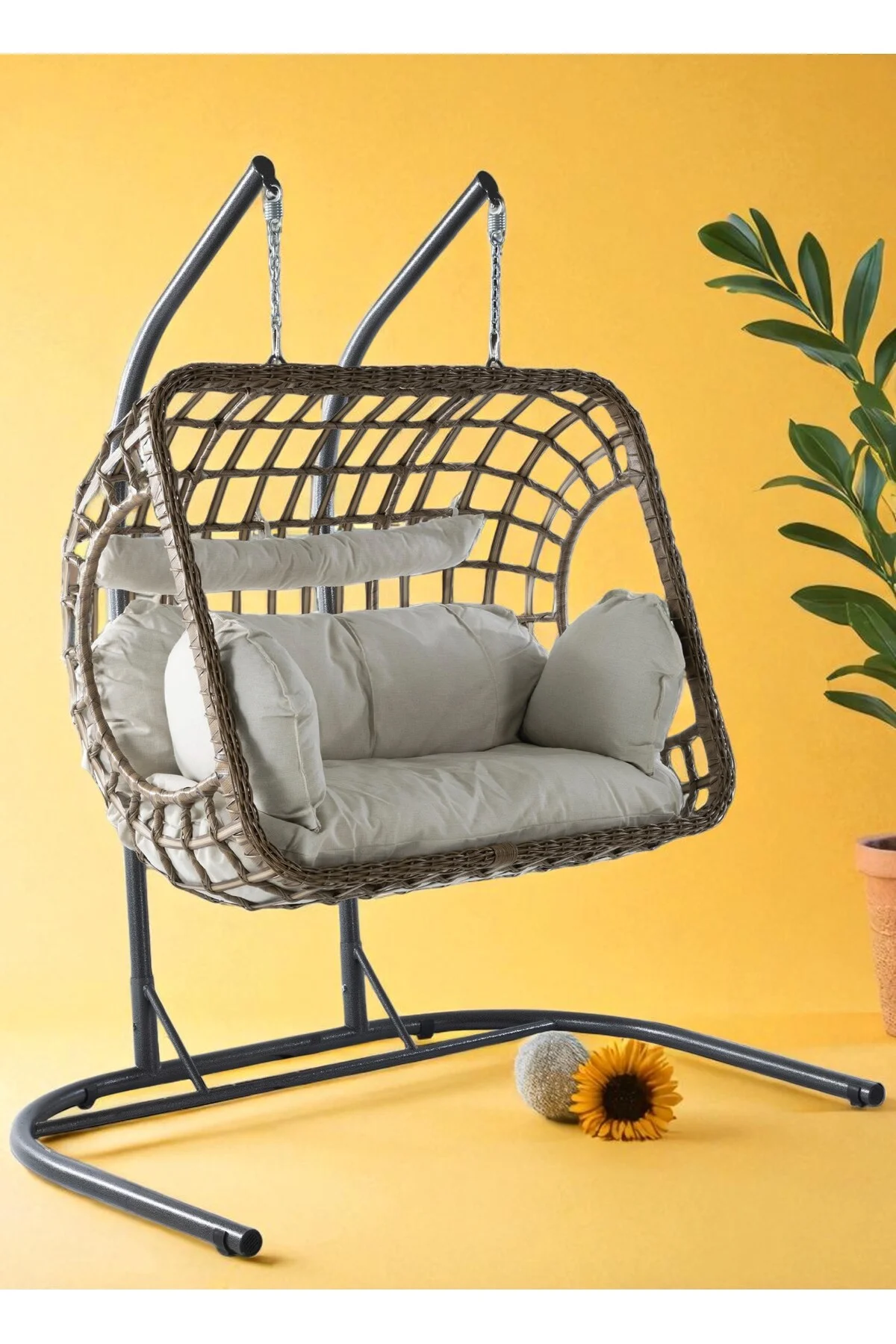 Salyan Elma Tasarım Rattan İki Kişilik Bahçe &amp; Balkon Salıncağı – Minderli, Dayanıklı Metal Gövd - fursimo Görsel 2