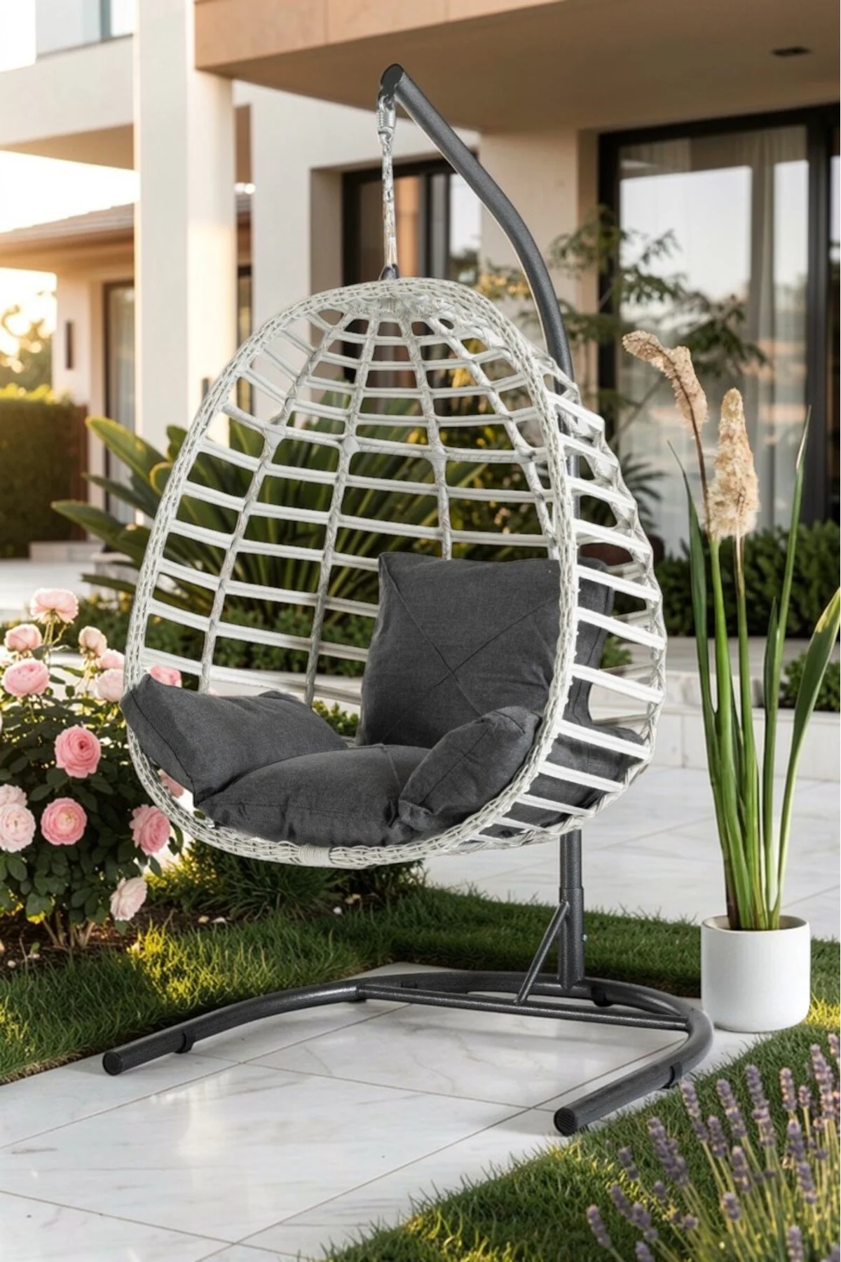 Salyan Rattan Tek Kişilik Bahçe &amp; Balkon Salıncağı – Minderli, Dayanıklı Metal Gövde - fursimo Görsel 2
