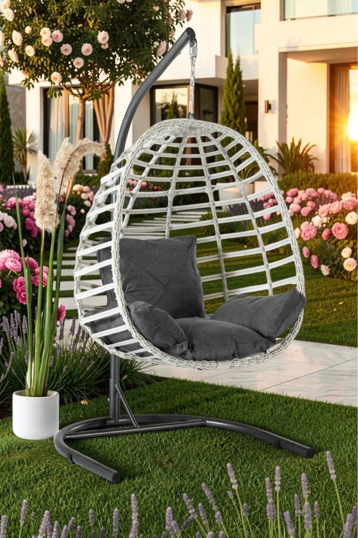 Salyan Rattan Tek Kişilik Bahçe &amp; Balkon Salıncağı – Minderli, Dayanıklı Metal Gövde - fursimo Görsel 4