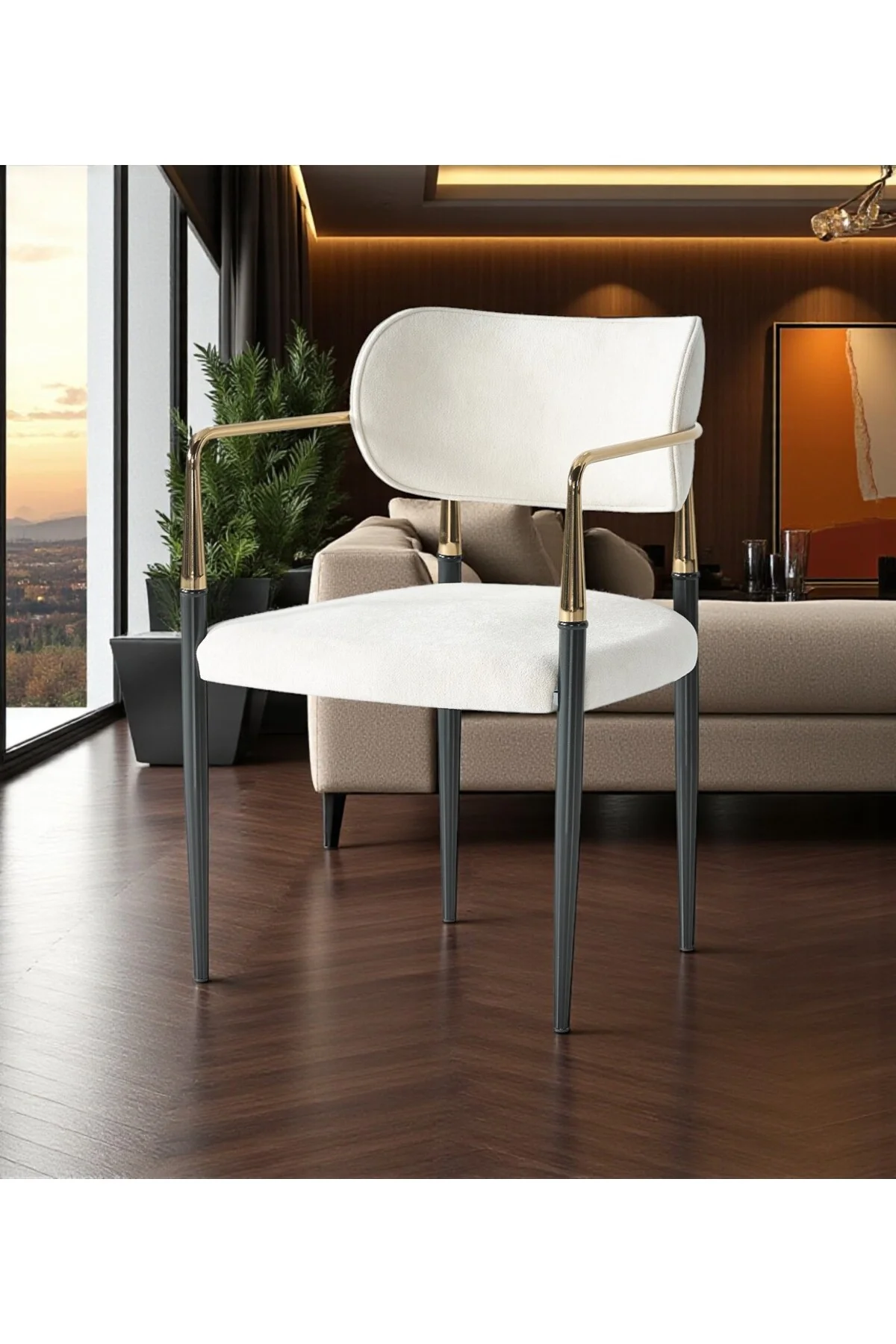 Vellario Metal Kol Detaylı Sandalye 2 Adet – Gold Siyah Metal Ayak, 57 x 57 x 81 cm