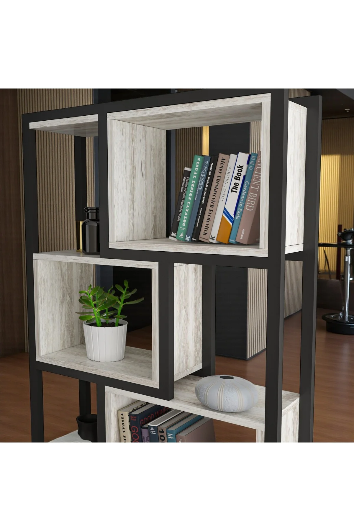 Oykotra Serisi Kitaplık 4 Büyük Raflı 90 Cm Beyaz Renk Siyah Metal Ayak Kitaplık - fursimo Görsel 3