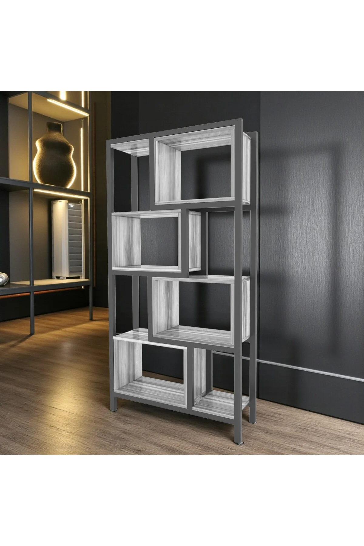 Oykotra Serisi Kitaplık 4 Büyük Raflı 90 Cm Beyaz Renk Siyah Metal Ayak Kitaplık