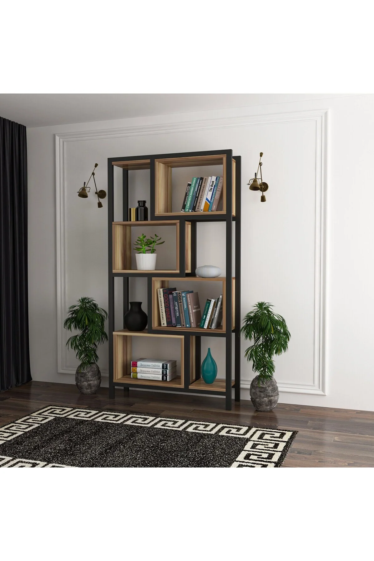 Oykotra Serisi Kitaplık 4 Büyük Raflı 90 Cm Ceviz Desen Siyah Metal Ayak Kitaplık - fursimo Görsel 5