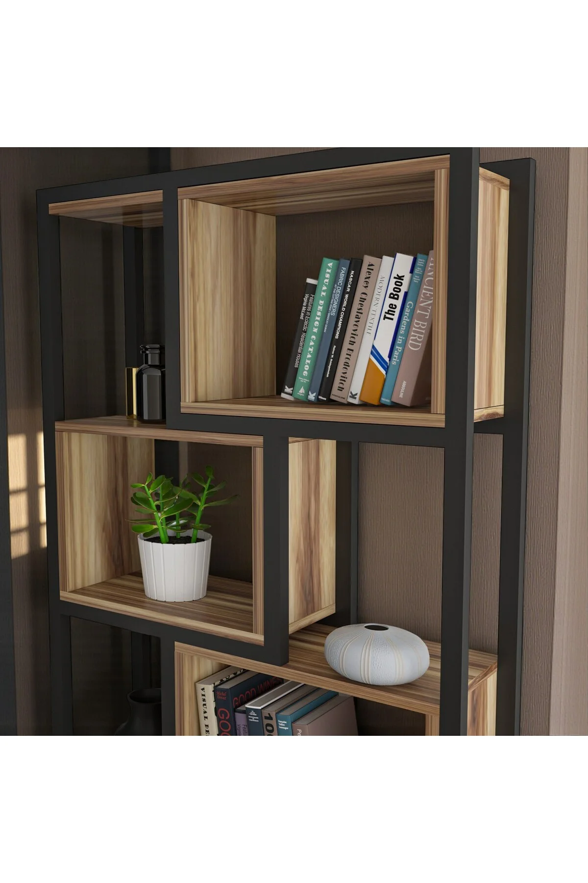 Oykotra Serisi Kitaplık 4 Büyük Raflı 90 Cm Ceviz Desen Siyah Metal Ayak Kitaplık - fursimo Görsel 2