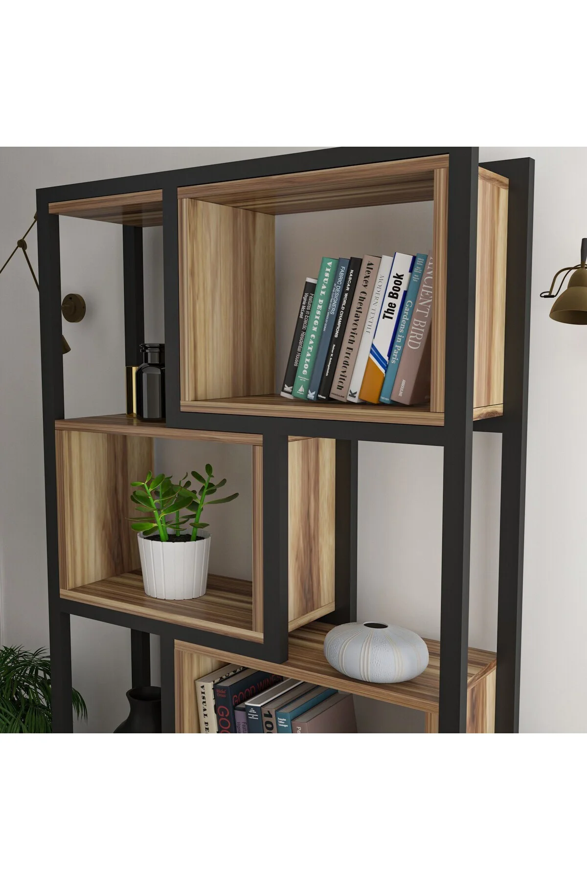 Oykotra Serisi Kitaplık 4 Büyük Raflı 90 Cm Ceviz Desen Siyah Metal Ayak Kitaplık - fursimo Görsel 7