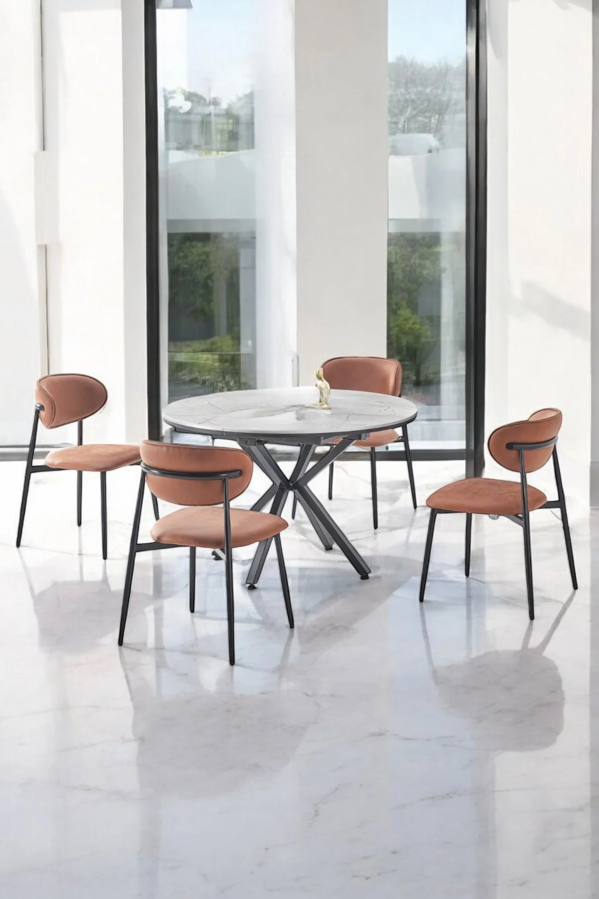 Arhor Serisi 100 X 100 Cm Açılabilir Lak Panel Beyaz Mermer Desen Masa Takımı Kiremit Sandalye