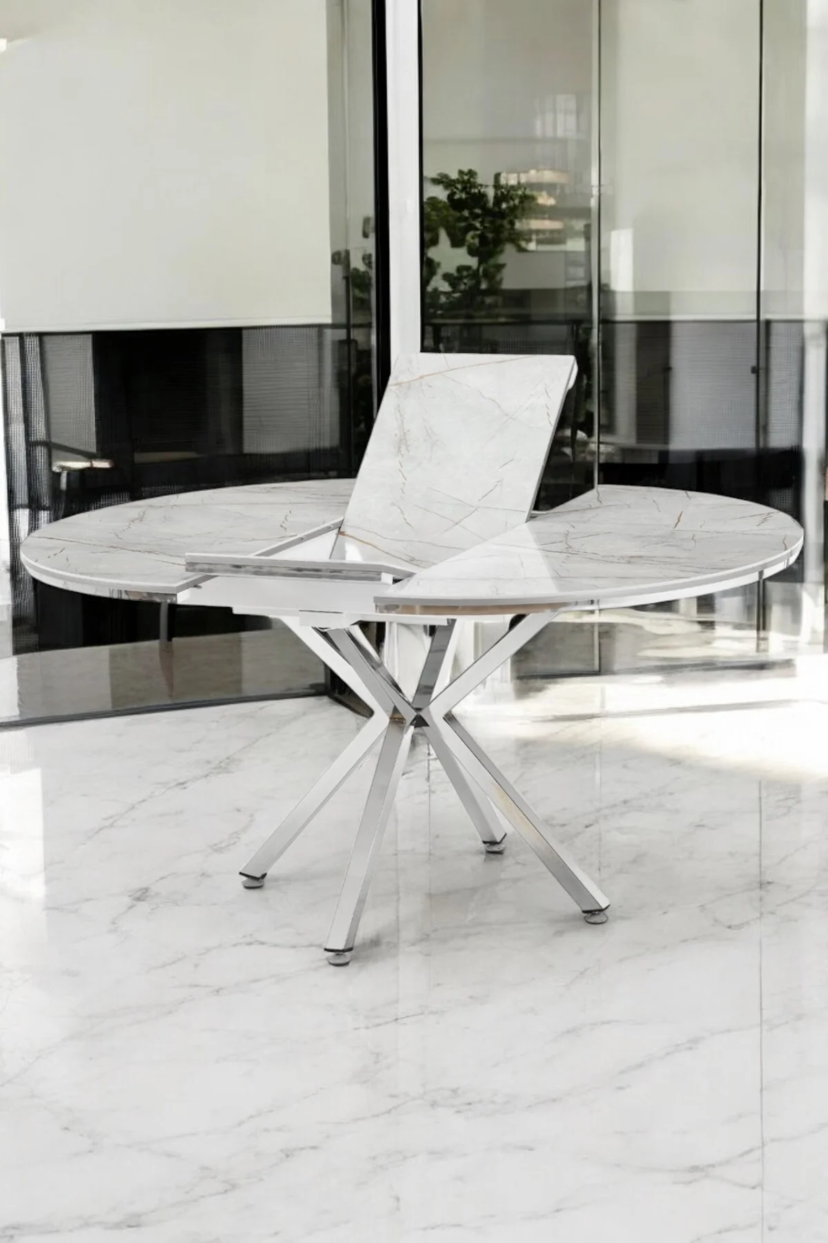 Arhor Serisi 100 X 100 Cm Açılabilir Lak Panel Beyaz Mermer Desen Masa Takımı Krem Sandalye - fursimo Görsel 3