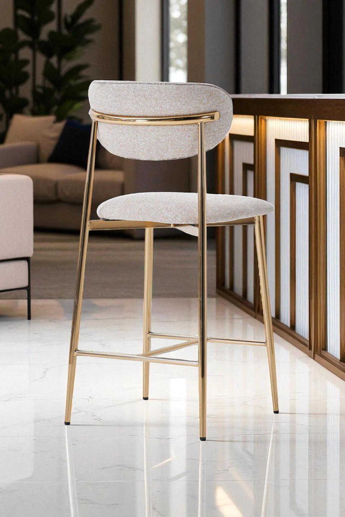 Hanev Serisi 1 Adet 65 Cm Krem Ada Mutfak Bar Sandalyesi Gold Kaplama Metal Ayak - fursimo Görsel 3