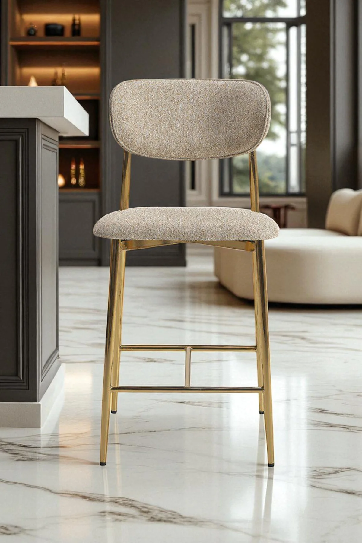 Hanev Serisi 1 Adet 65 Cm Krem Ada Mutfak Bar Sandalyesi Gold Kaplama Metal Ayak - fursimo Görsel 2