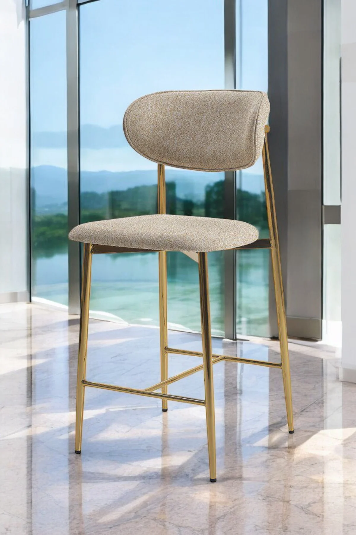 Hanev Serisi 1 Adet 65 Cm Krem Ada Mutfak Bar Sandalyesi Gold Kaplama Metal Ayak - fursimo Görsel 4