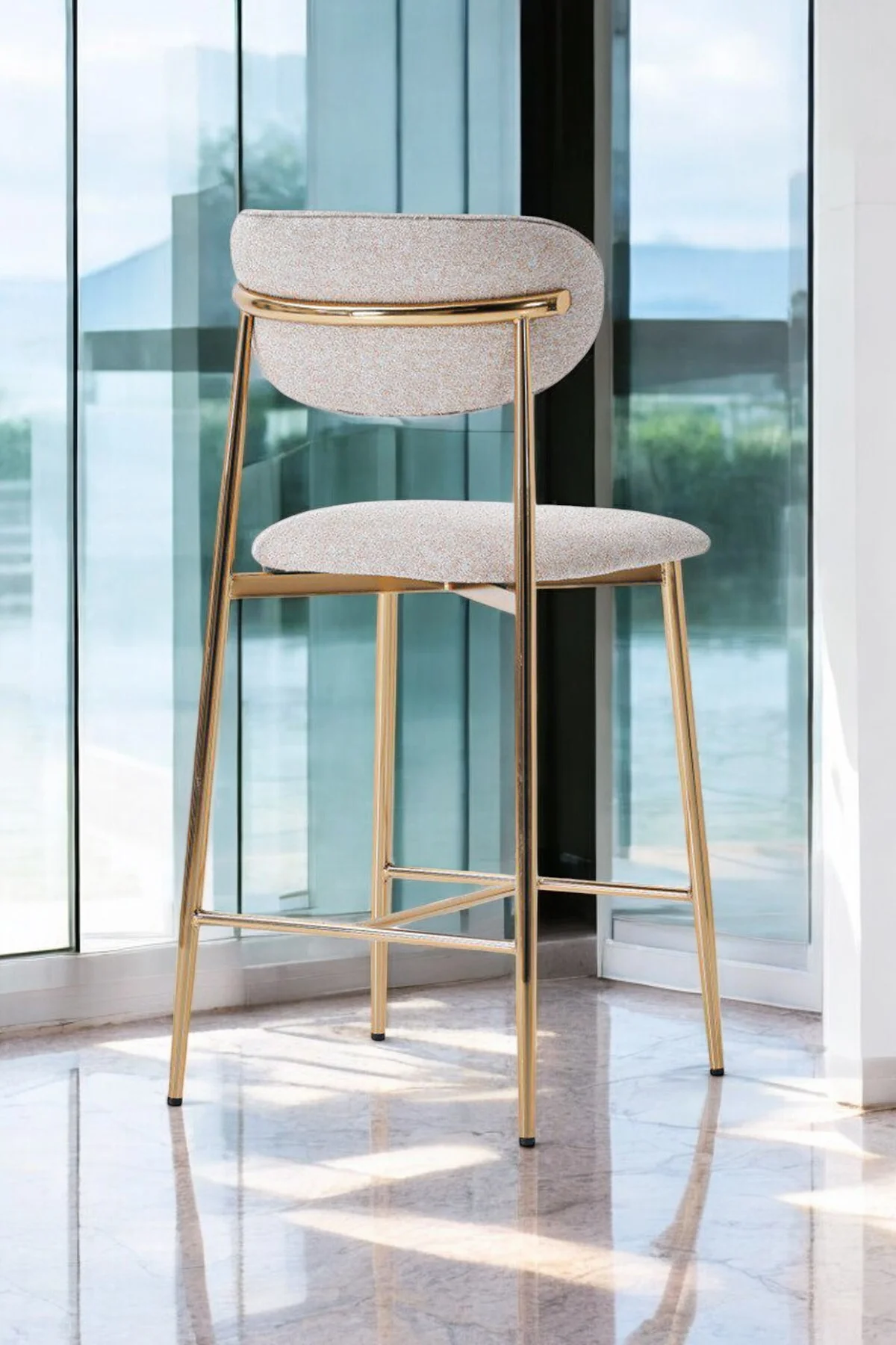Hanev Serisi 1 Adet 65 Cm Krem Ada Mutfak Bar Sandalyesi Gold Kaplama Metal Ayak - fursimo Görsel 6
