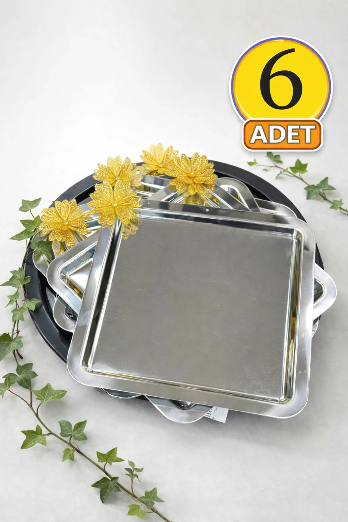 6'lı Gold Papatya Detaylı Gümüş Paslanmaz Çelik Sunum Tepsisi Çiçek Aksesuarlı 21 Cm