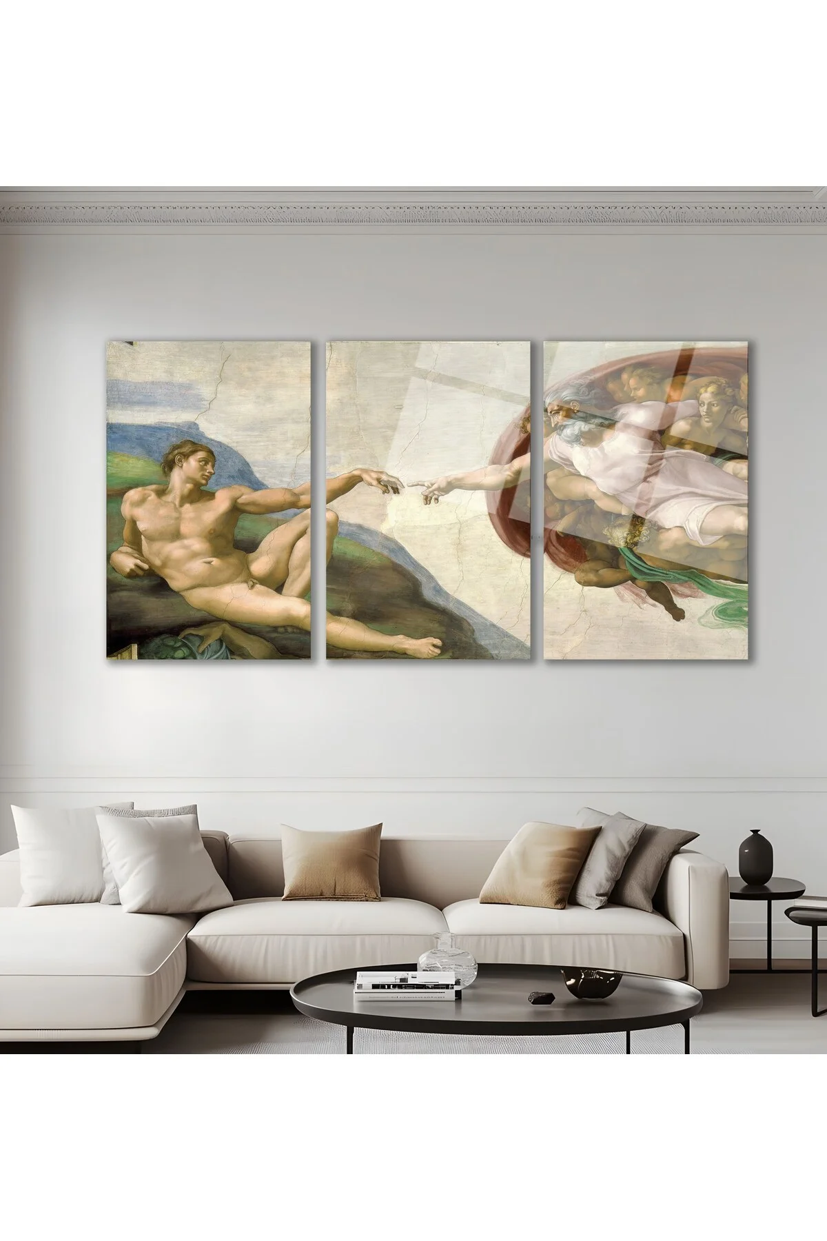 3'lü Set Cam Tablo Michelangelo Adem'in Yaratılışı Klasik Sanat Dekorasyon - BAYÇAĞRI Görsel 2