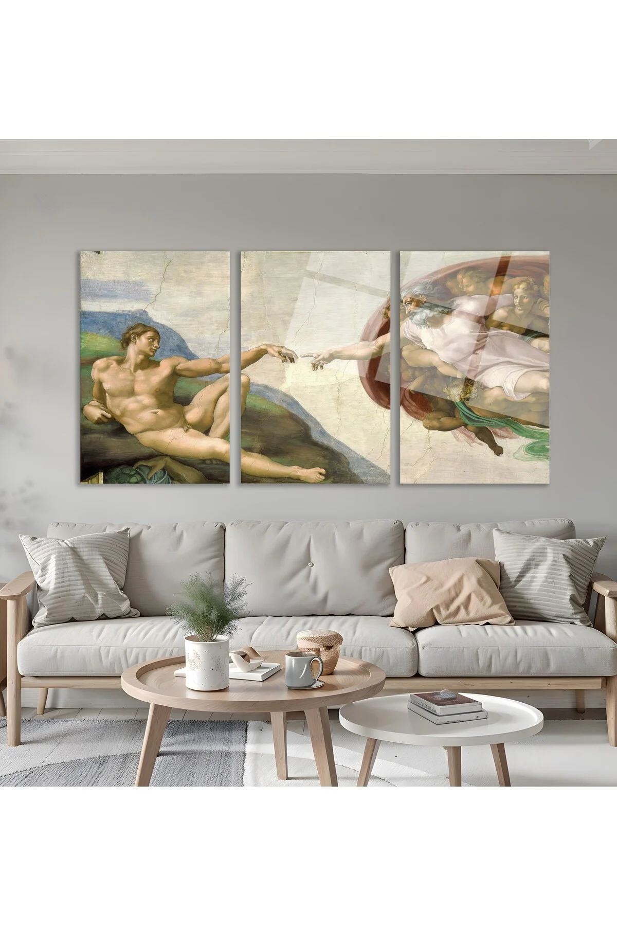 3'lü Set Cam Tablo Michelangelo Adem'in Yaratılışı Klasik Sanat Dekorasyon - BAYÇAĞRI Görsel 5
