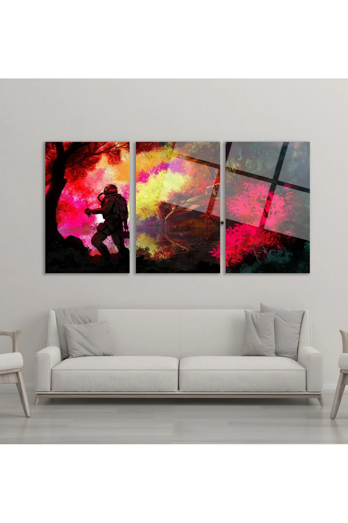 3'lü Set Cam Tablo Fantastik Orman Astronot Dijital Sanat Dekorasyon
