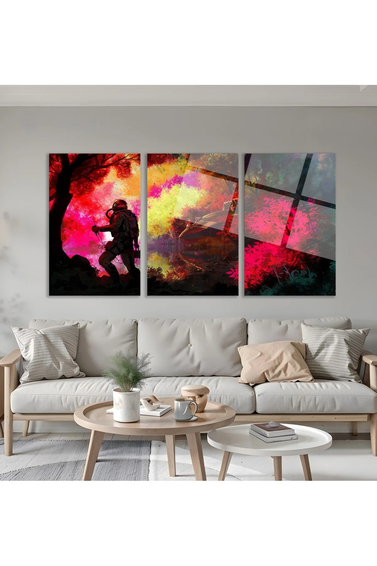 3'lü Set Cam Tablo Fantastik Orman Astronot Dijital Sanat Dekorasyon - BAYÇAĞRI Görsel 4
