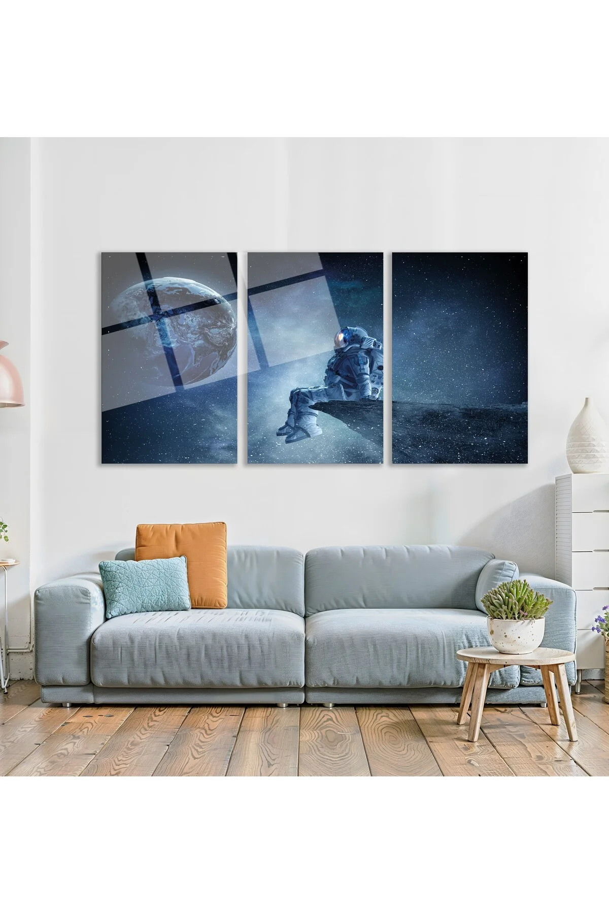 3'lü Set Cam Tablo Astronot Ay Yüzeyi Uzay Manzarası Dekorasyon - BAYÇAĞRI Görsel 3