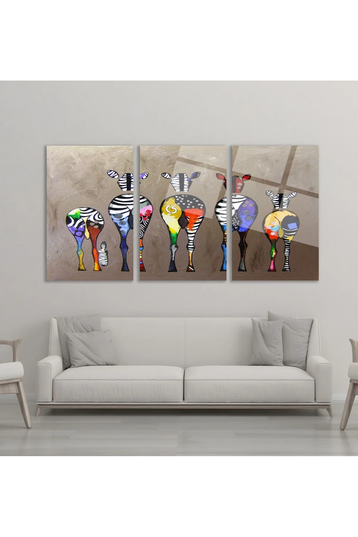 3'lü Set Cam Tablo Renkli Zebra Pop Art Hayvan Figürlü Dekorasyon