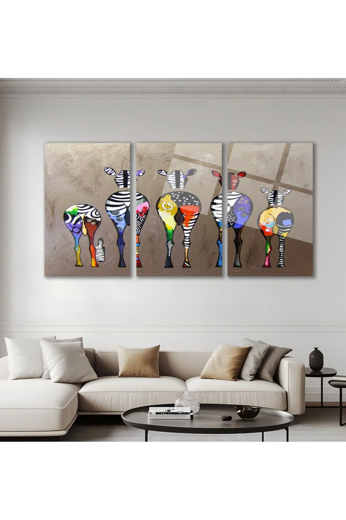 3'lü Set Cam Tablo Renkli Zebra Pop Art Hayvan Figürlü Dekorasyon - BAYÇAĞRI Görsel 2